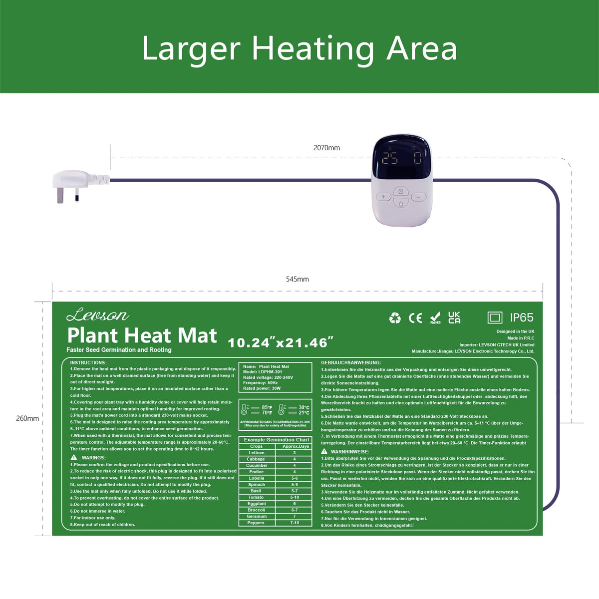 LEVSON Seedling Heat Mat 30W with Thermostat & Timer - With Thermostat